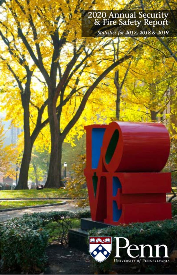 Cover of 2020 Annual Security & Fire Safety Report - Image of the LOVE statue (red 3D letters stacked) with a fall scene of yellow trees in the background