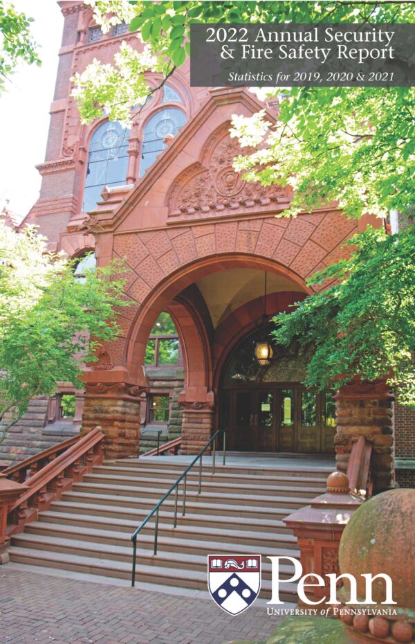 Decorative cover of 2022 Annual Security and Fire Safety Report, photo of the front entrance to Fischer Fine Arts Library.