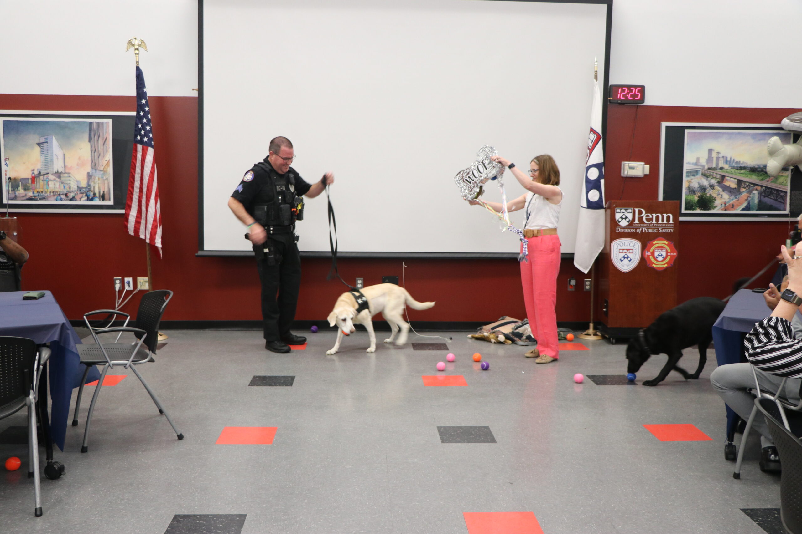 K9 Zzisa catches a tennis ball as multiple colorful tennis balls bounce around her from the just opened pinata being held by VP Anderson.