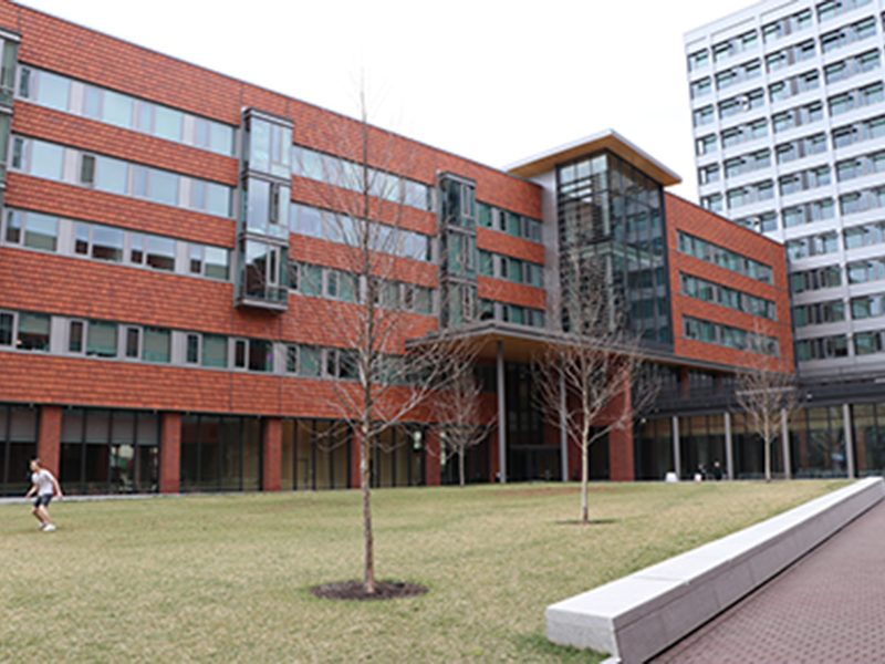 New College House West, brick and glass facade.