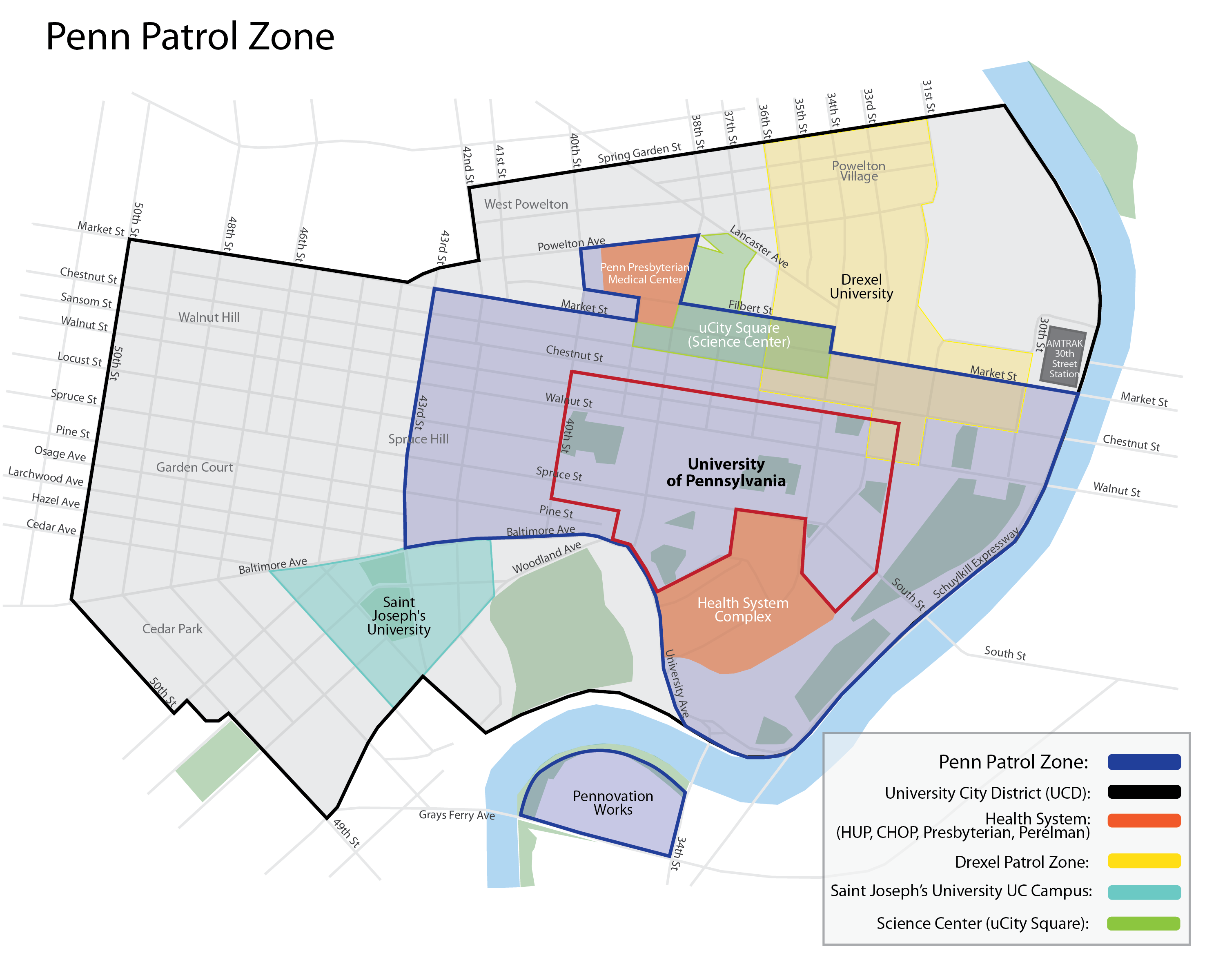 A map of the Penn patrol zone jurisdiction, which extends from 30th Street to 43rd Street (east to west) and Market Street to Baltimore Avenue (north to south).