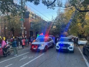 a street with halloween and fall decorations